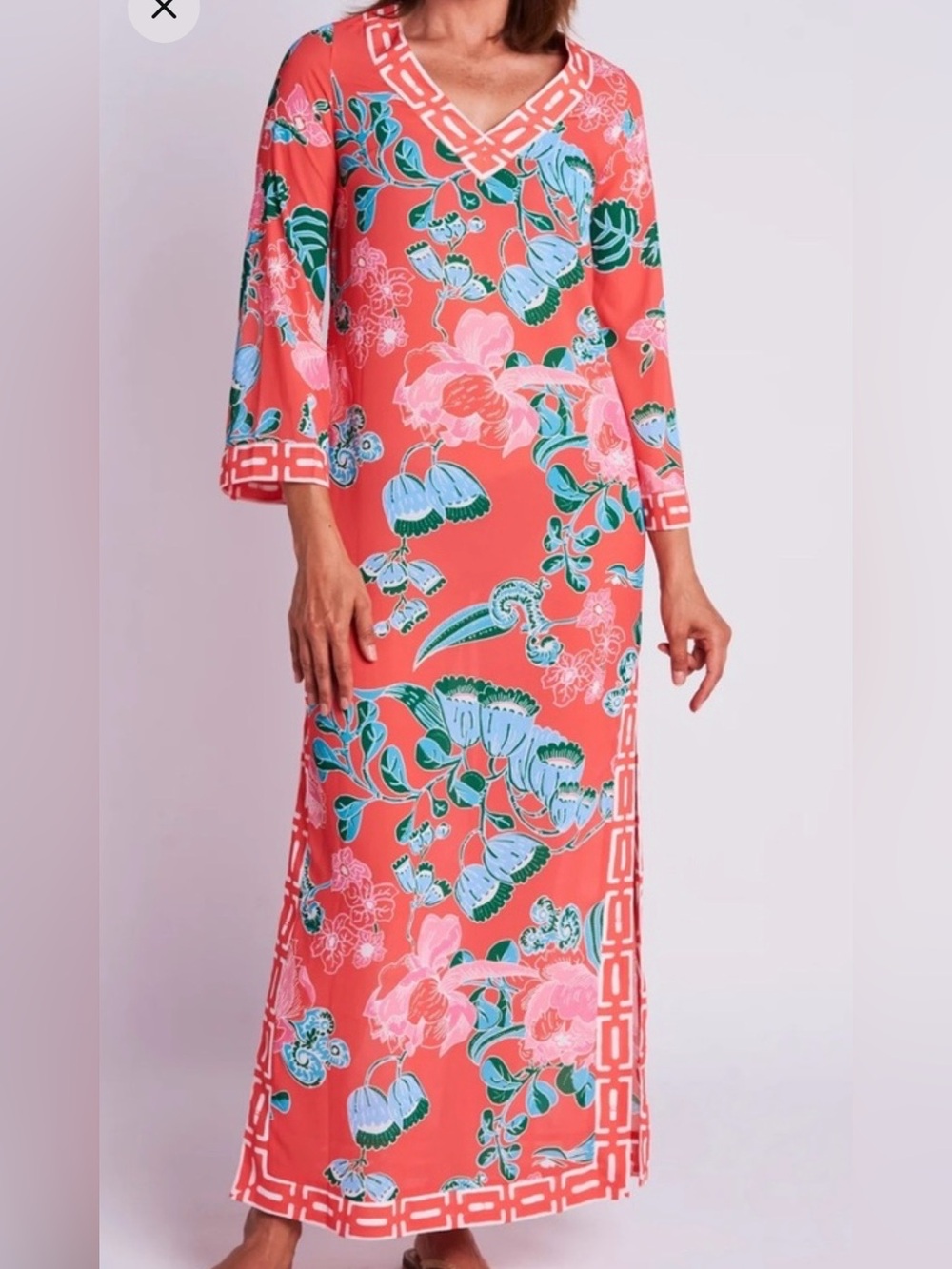 CK Bradley Chiffon Coral Floral Maxi Dress Beach Cover Caftan Size Small NWT
